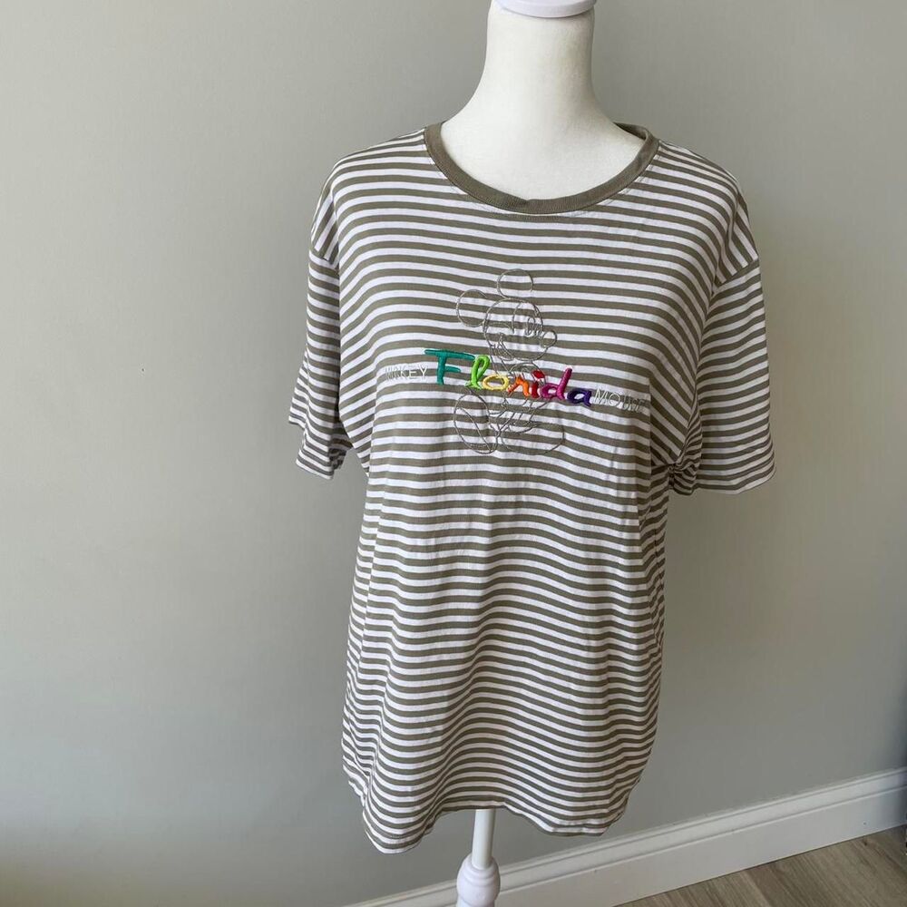 Disney Vintage Rainbow Embroidered Striped Tan & White Mickey Mouse Retro Indie